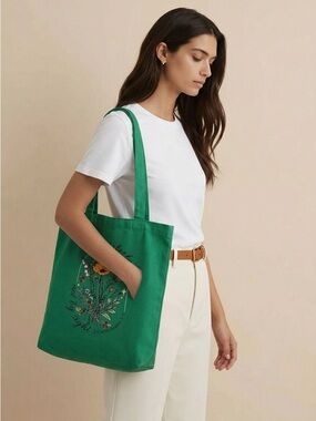 Green Floral Canvas Tote Bag - Everyday Shoulder Tote
